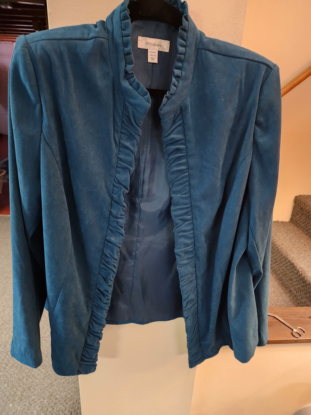 dressbarn Sz 14-16 Velvet Teal Ruffle-Trim Open Front Blazer